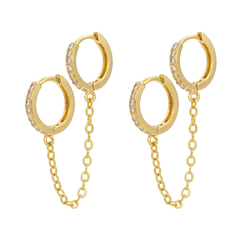 

ZHUKOU small hoop earrings gold color Two Hole Piercing Earrings for Women Brilliant Crystal Zircon Chain Earring VE461