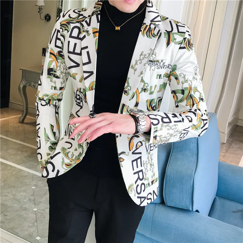 

Men Blazer Luxury Flowers Allover Printing Prom New Suit Blazers Single Button Party Male Nightclub Slim Fit Wedding Suit Jacket