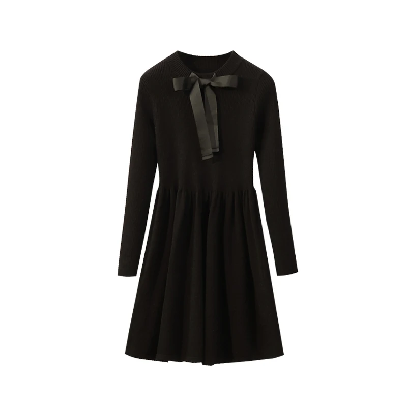 Женское осенне-зимнее платье большого размера с длинным рукавом и бантом |