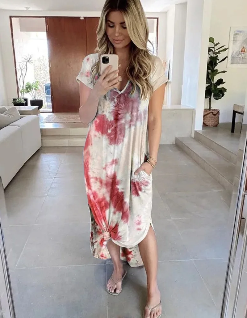 

Donsignet Women Dress New Summer V-neck Pullover Dress Solid Color Pad Dye Printing Loose Short Sleeve Woman Dress