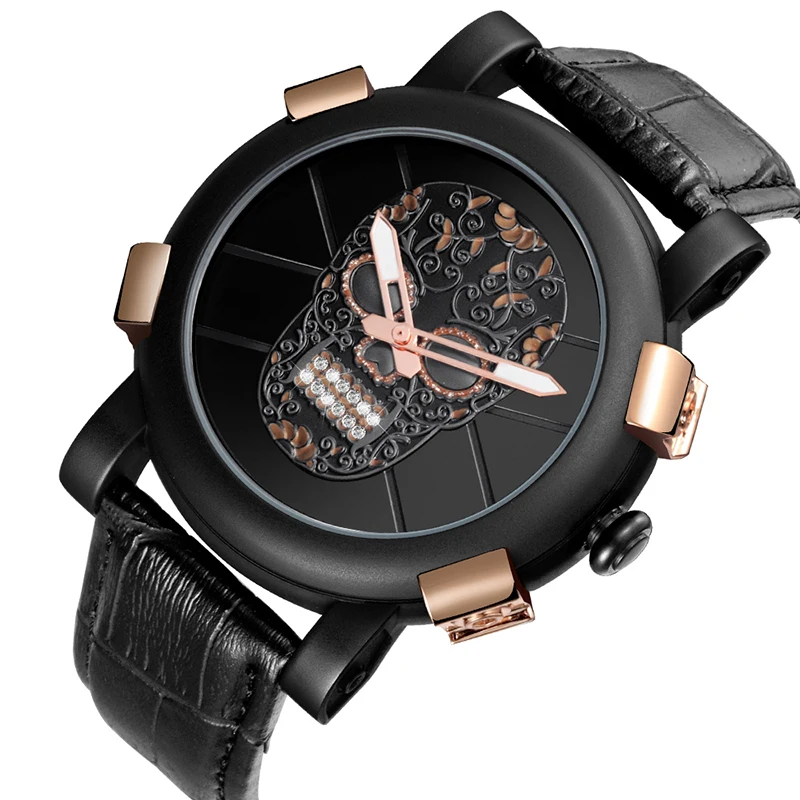 

SKONE 3D Skull Face Watch Men's Luxury Brand Leather Quartz Men's Clock Cool Design Sports Waterproof Men Watches 2021 Luxury