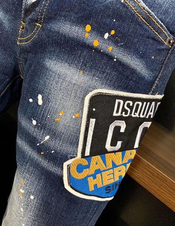 patchwork jeans Authentic Classic Dsquared2 Mens Stretch Paint Ripped Holes Skinny Jeans Blue Stitching Beggar Pants 9805