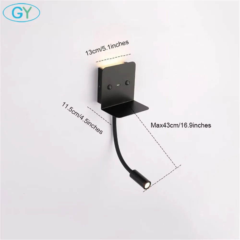 Черная на гибкой ножке светодиодная настенная лампа с usb разъемом для зарядки 3000K