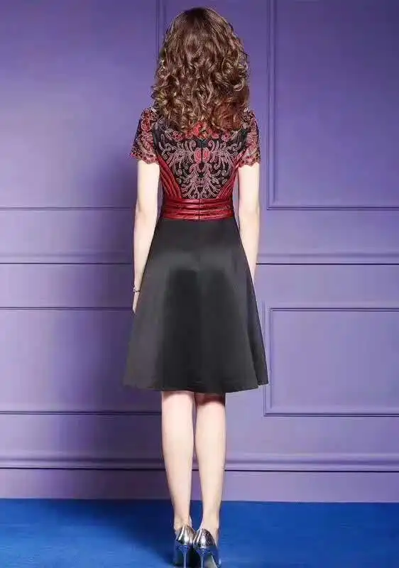

3XL Dress Vestido De Festa 2020 Summer Party Cocktail Women Exquisite Embroidery Patchwork Short Sleeve Slim Fitted A-Line Dress