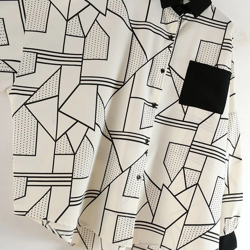 

CHICEVER Casual Geometric Print Shirts For Women Lapel Long Sleeve Hit Color Loose Designer Oversized Blouse Female 2020 Clothes