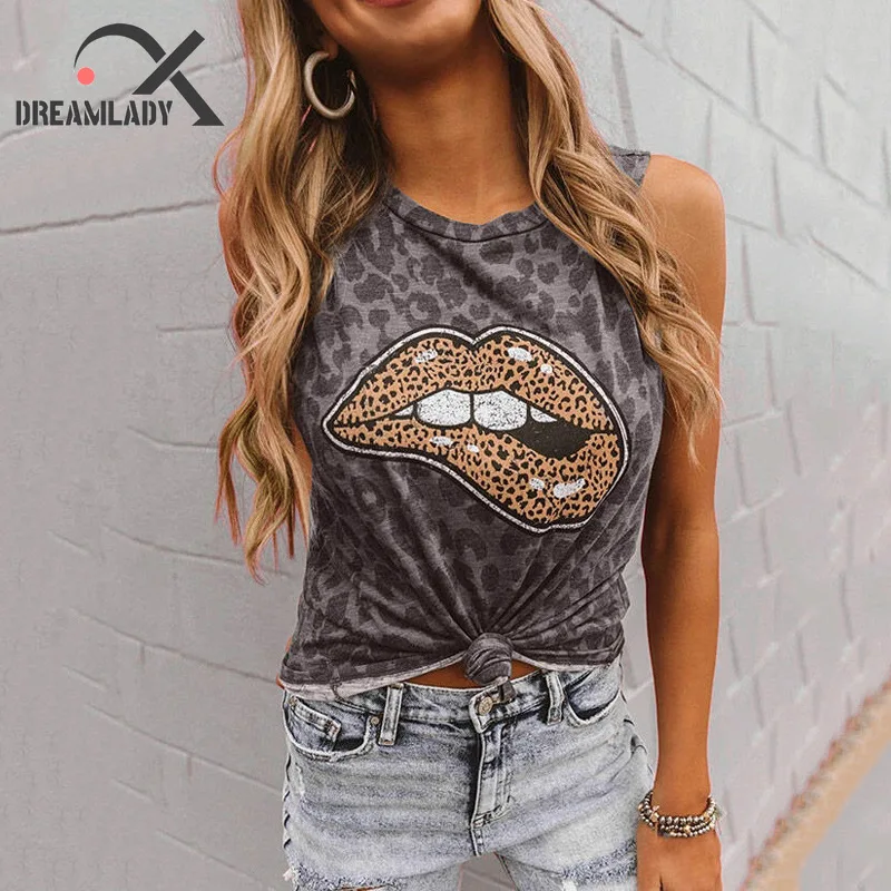 

2020 New Arrival Causal Leopard Lip Print O Neck Women T-shirt Summer Camouflage Sleeveless Loose Tops