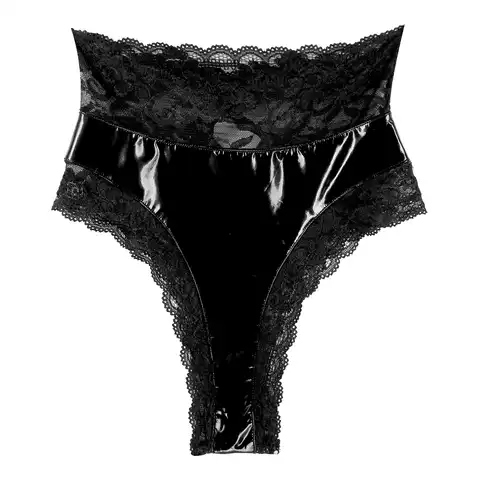 Women Floral Lace Trimming Wetlook Patent Leather Briefs High Waist Lace-up Back Panties Sexy Underwear for Nightclub Dance Show
