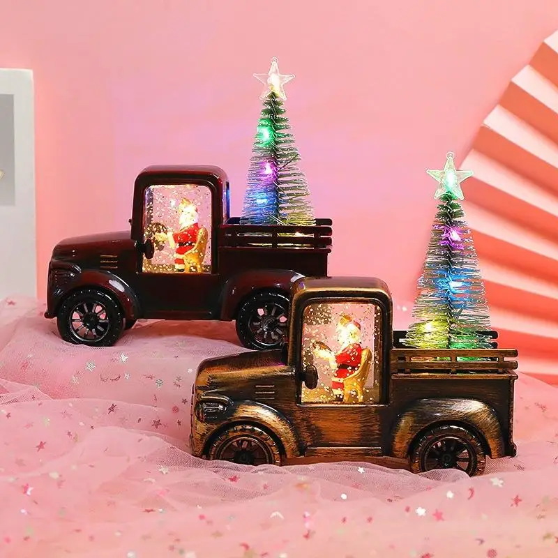 

Christmas Retro Luminous Truck Decorations Creative Living Room Bedroom Office Desktop Crafts Model Cartoon Resin Decorations