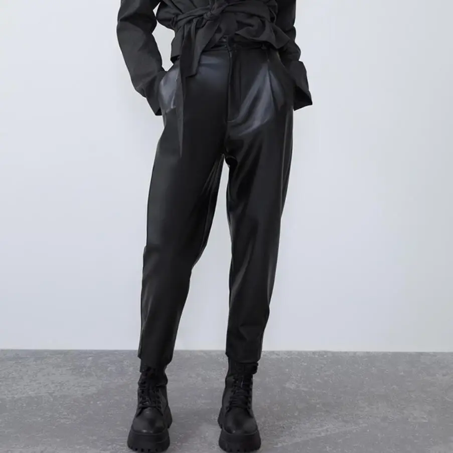 

2022 spring autumn casual pu leather pants women high waist straight fashion loose trouser