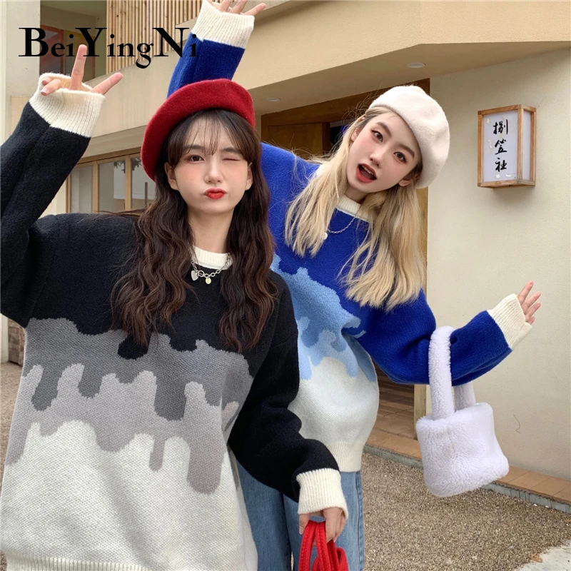 

Beiyingni Gradient Color Oversized Loose Sweater Woman Long Sleeve Stylish Knitted Sweater Women O-neck Jumper Pull Female Tops
