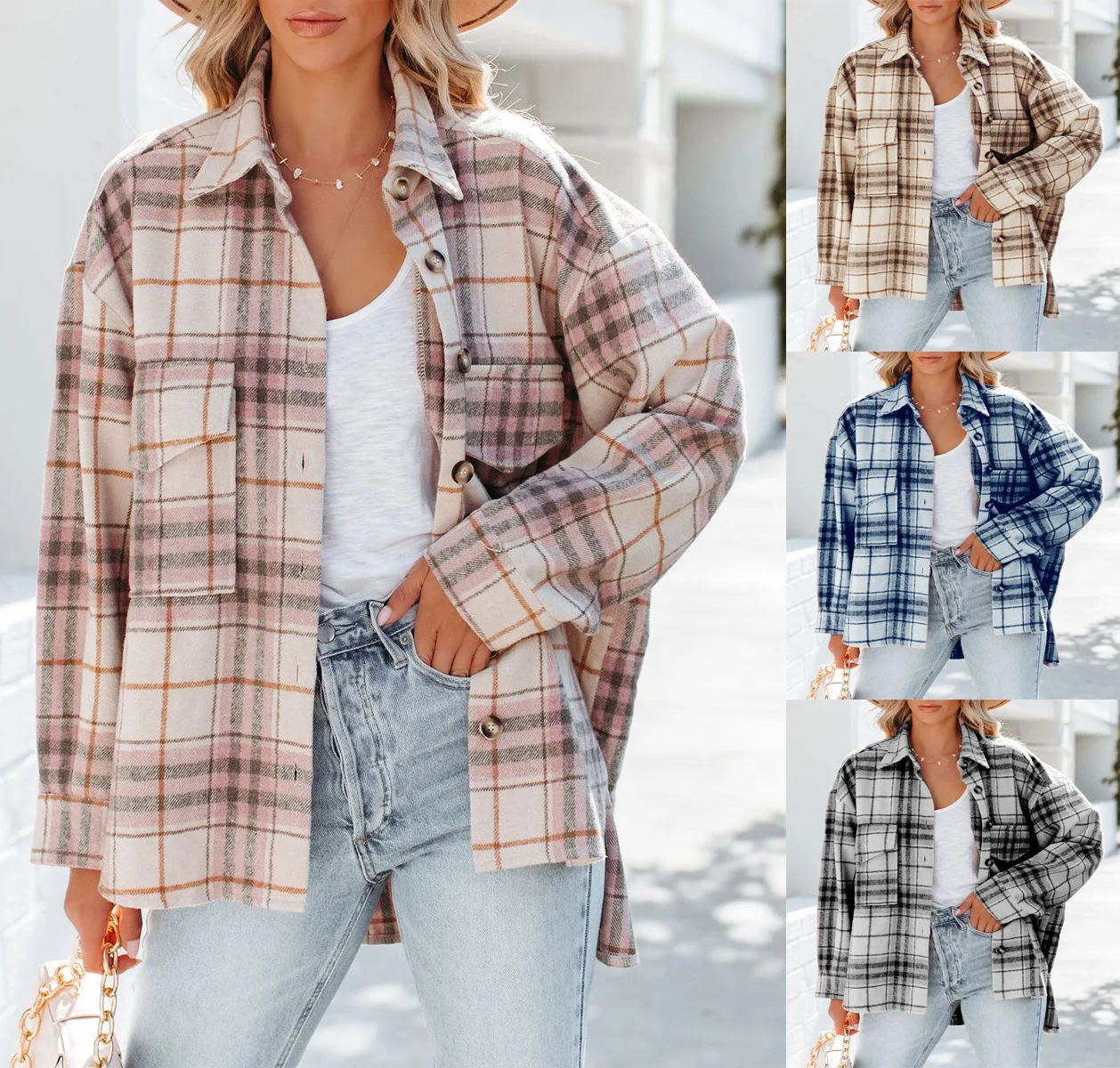 

Vintage Checker Blouse Shirt Women Pockets Long Sleeve Tops 2021 High Quality Plaid Oversized BF Shirts Female Sale