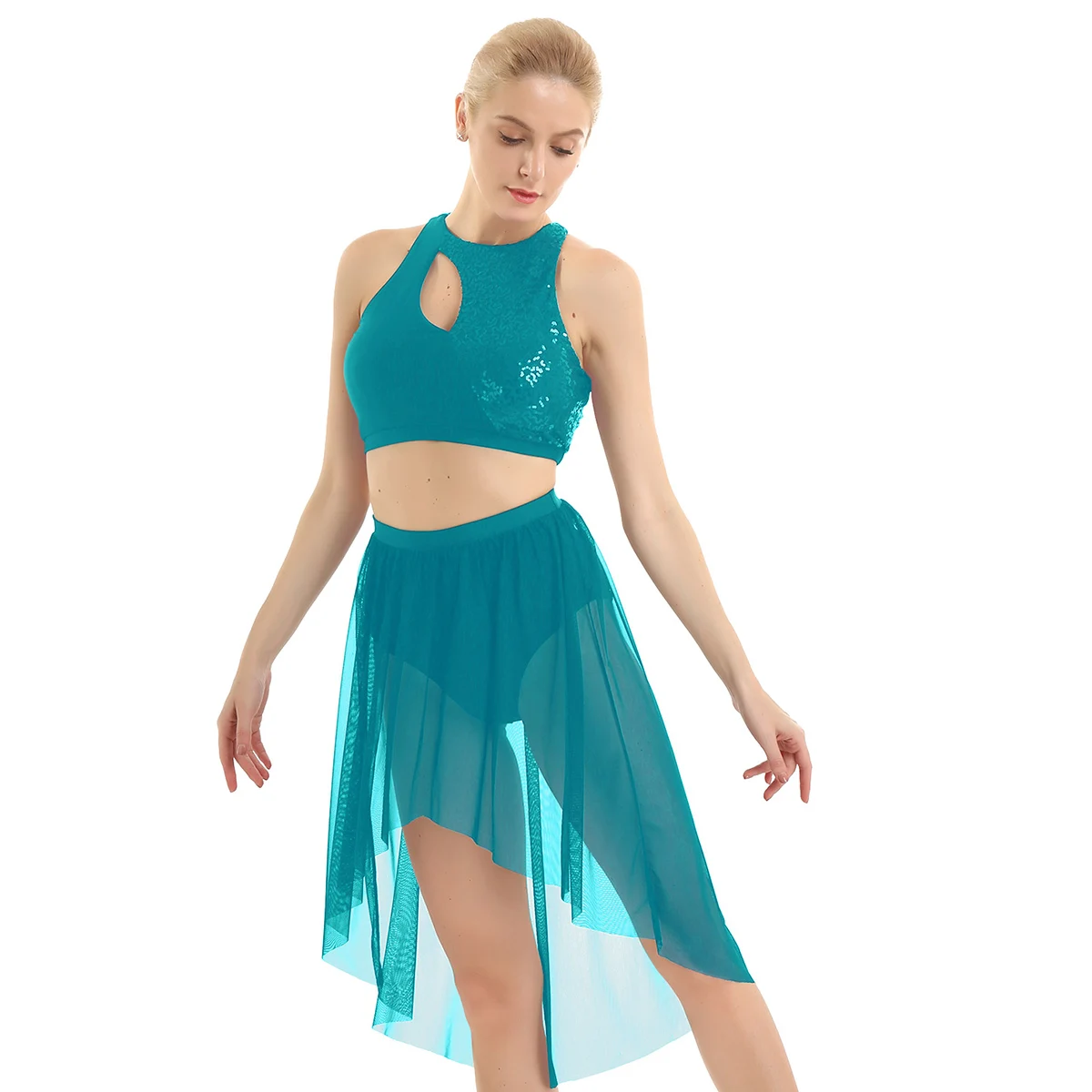 Teal 2 шт., женское платье для танца живота, лирический костюм, наряды, асимметричный блестящий топ без рукавов с блестками+ юбка в сеточку с высокой талией - Цвет: Teal