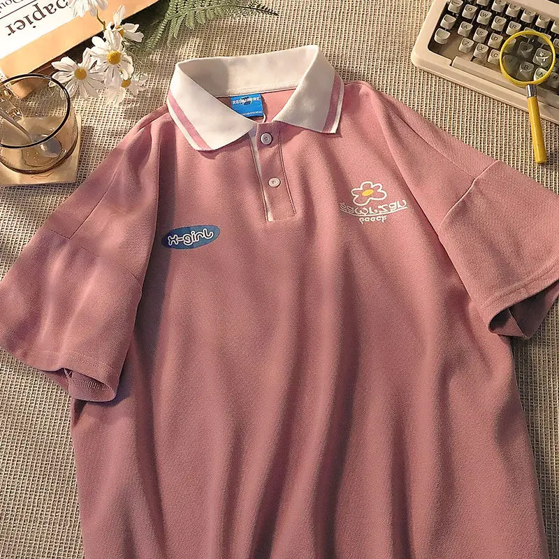 Женская хлопковая Футболка-поло с милым принтом летняя розовая свободная в стиле