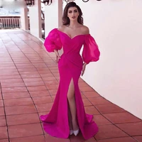 beautiful off the shoulder half sleeves hot pink high slit mermaid women formal evening dresses gowns