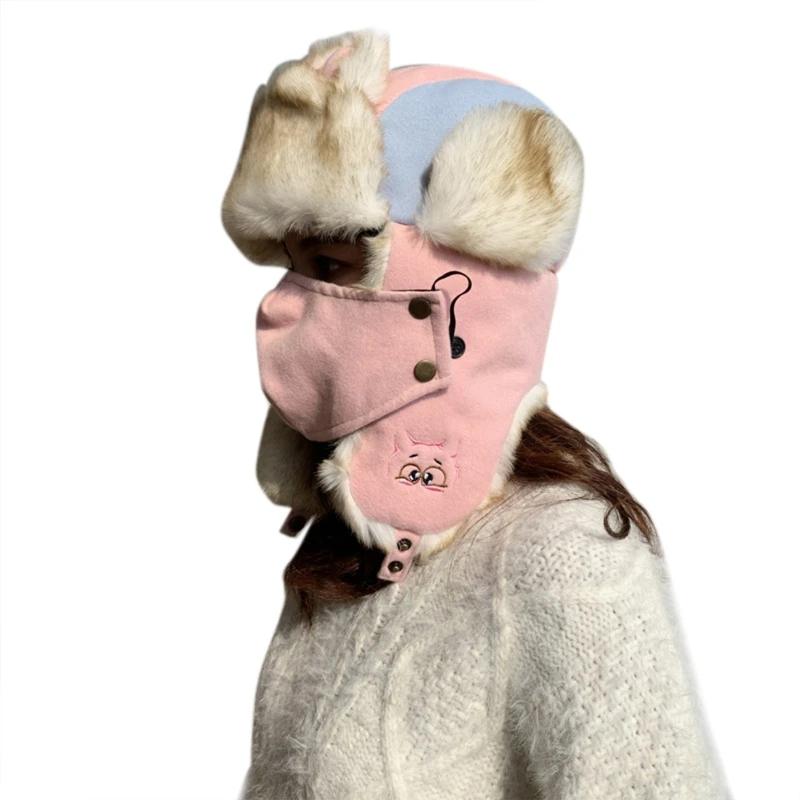 

Women Winter Thicken Plush Lined Warm Trooper Trapper Hat with Detachable Face Mask Cute Cat Eers Windproof Earflap Cap