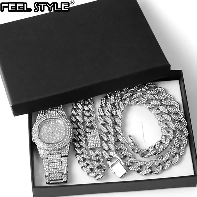 

Ожерелье + часы + браслет в стиле хип-хоп Miami Снаряженная кубинская цепочка золотистого и серебристого цвета Стразы CZ Bling Rapper для мужчин ювели...