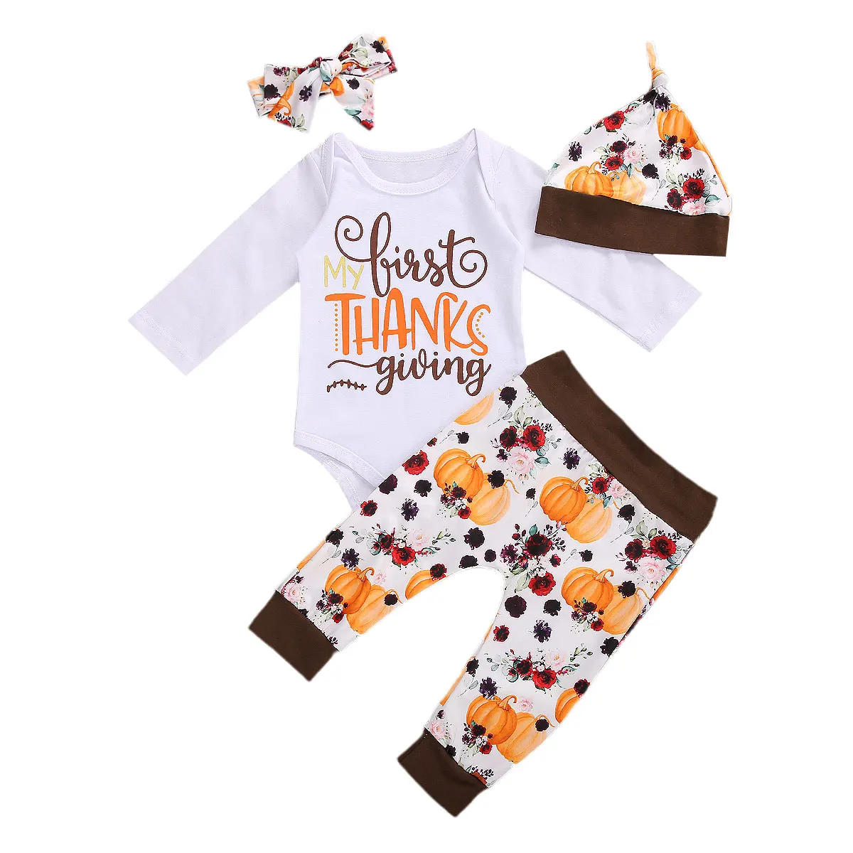 

Костюм для новорожденных девочек 0-18 месяцев на День Благодарения комбинезон с длинным рукавом с цветочным принтом + брюки + повязка на голов...