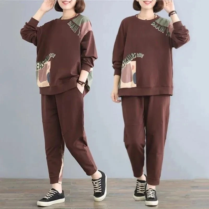 

Plus Size Women 2 Piece Set Spring Casual Print Tracksuit Korean Loose Pullover Top And Baggy Harem Pants Suit Female Loungewear