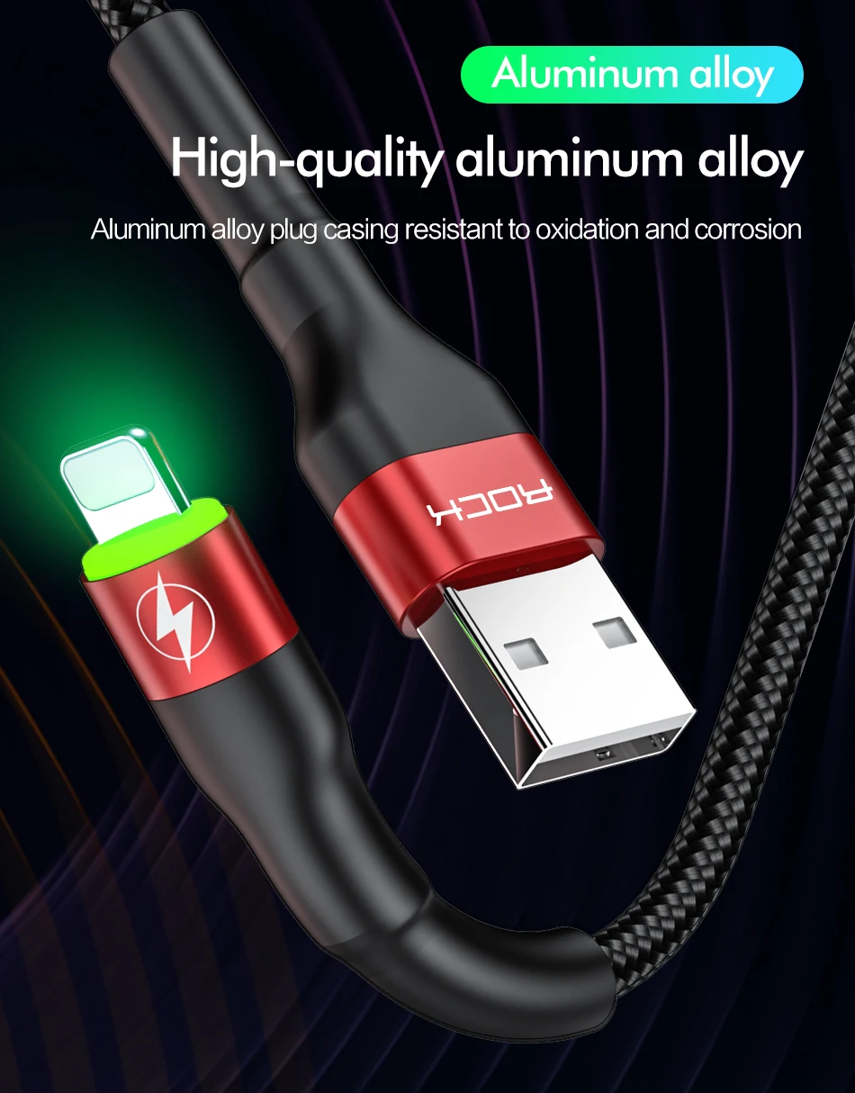 ROCK Metal Led usb-кабель со светом для iPhone 11 Xs MAX Xr X 8 7 6 6s Plus Быстрая зарядка для iPad 100 см 200 см 50 см Быстрая зарядка данных