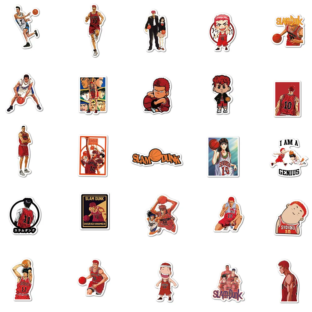 5/10/50 Uds Anime SLAM DUNK pegatinas Sakuragi Hanamichi Kaede Rukawa Ryota Mitsui calcoman&iacute;as Skateboard impermeable adhesivos para juguetes de ni&ntilde;o-5