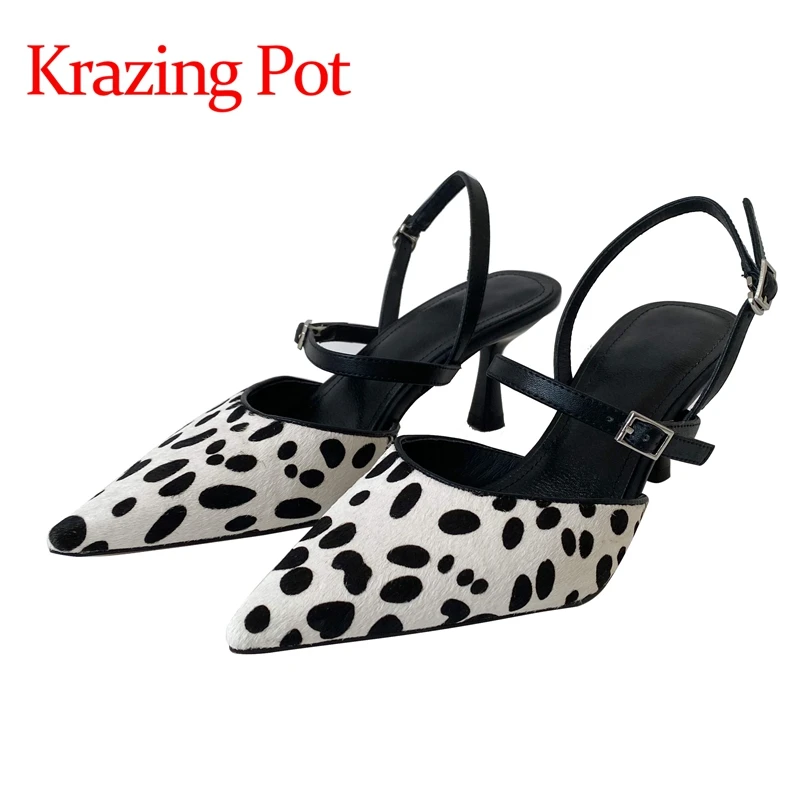 

Krazing pot genuine leather pointed toe high heels shallow fashion energy metal fasteners buckle straps mules sandals women L43