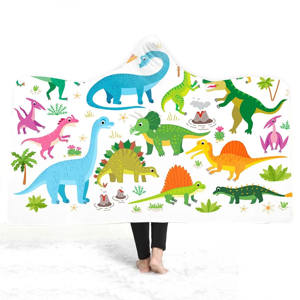

Dinosaur Cartoon 3D Printed Plush Hooded Blanket For Adults Kid Warm Wearable Microfiber Fleece Throw Blankets