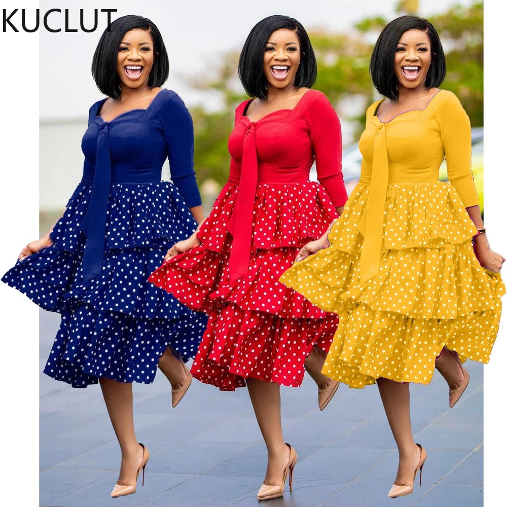 

African Print Polk Dot Dresses Women Boho Boubou 2021 Spring Summer Plus Size Dress Fashion Kaftan Dashiki Ankara Kanga Robes