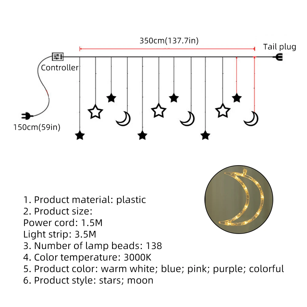

Christmas Garland String Light Fairy Moon Star Lamp Fairy Curtain Light for Christmas New Year Party Bar Wedding Holiday Decor S