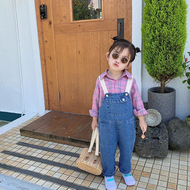 Autumn kids fashion Ribbon straps denim overalls boys girls all-match 2 colors suspender trousers 1-6Y | Мать и ребенок