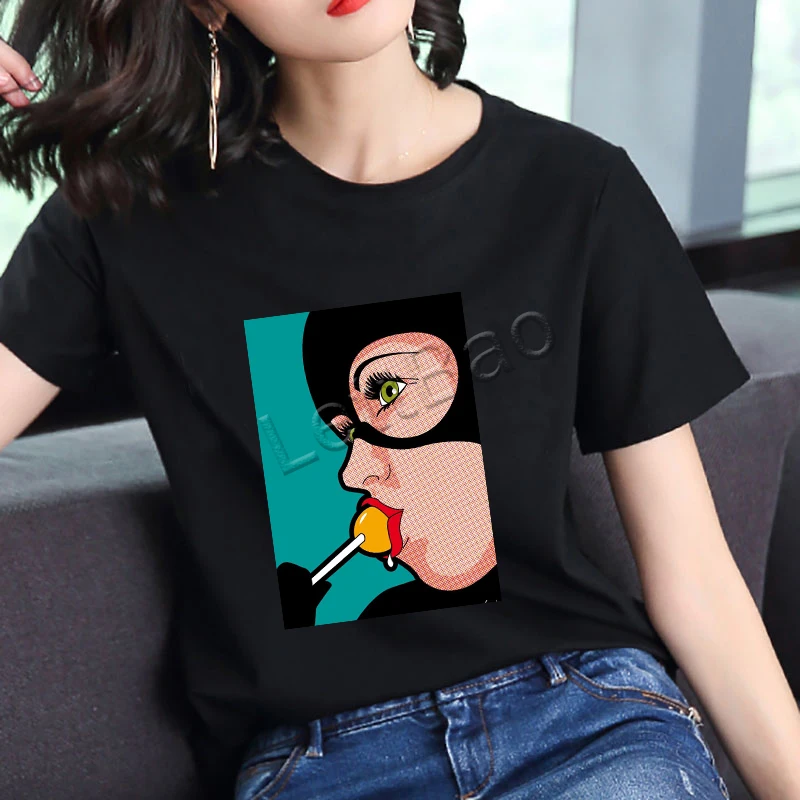 Забавные женские черные футболки из полиэстера Wonder Woman Eat Lollipop с надписью мягкие