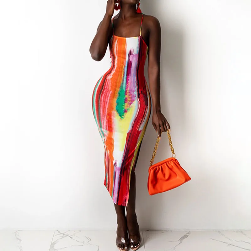 

Spaghetti Strap Tie Dye Striped Printed Slim Dress Open Back Sleeveless Sexy Party Dress