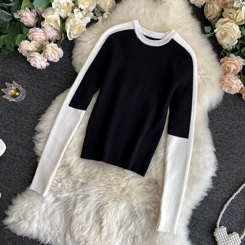 

Women's Spring Autumn Sweater Top Korean New Style Contrast Stitching Long-sleeved Bottoming Top All-match Knitted Tops LL133