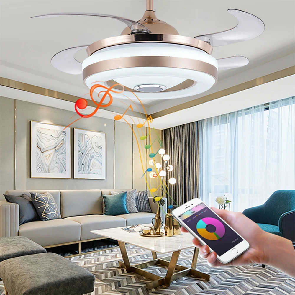 

Музыкальная лампа-веер, светодиодный потолочный светильник с дистанционным управлением и управлением через приложение по Bluetooth, 72 Вт, Совре...
