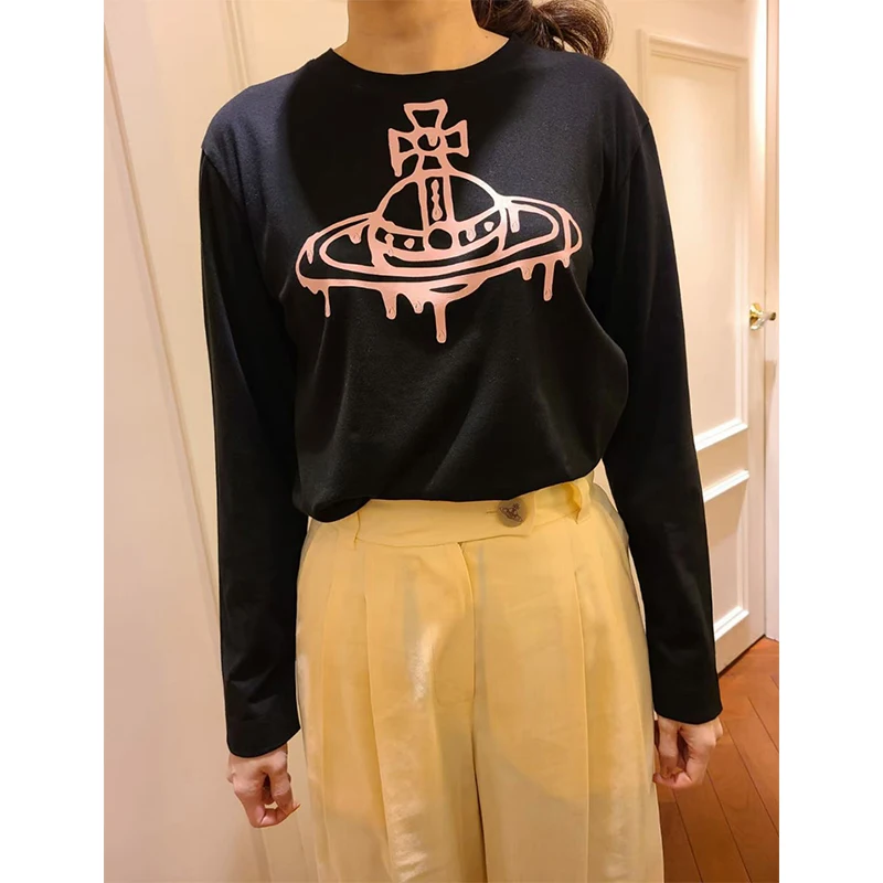 

Women T-shirt 2021 Early Autumn Melting Saturn Print Soft Long-sleeved T-shirt Base Shirt 3 Colors 100% Cotton