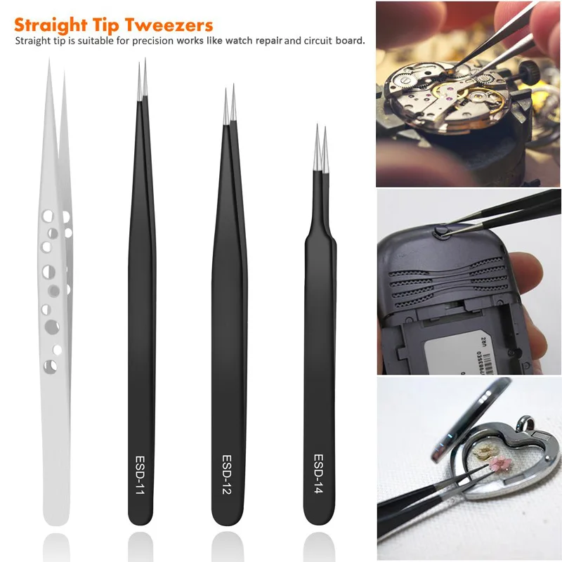 

Esd-11-12-13-4-15 industrial electrical tweezers 9-hole stainless steel precision tweezers set
