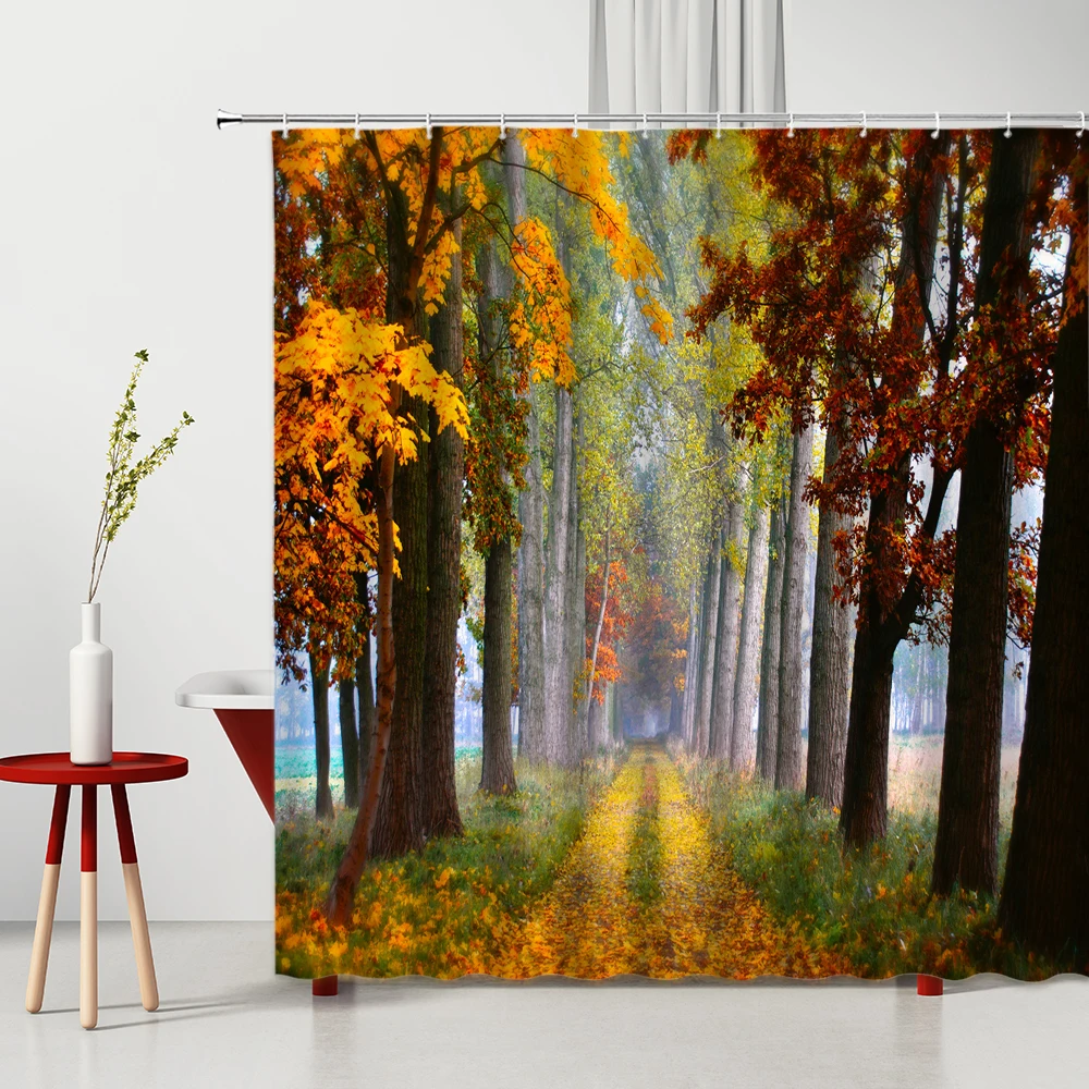 

Nature Scenery Shower Curtain Forest Mountain Water Butterfly Bathtub Screen Washable Autumn Landscape Bathroom Decor Curtains