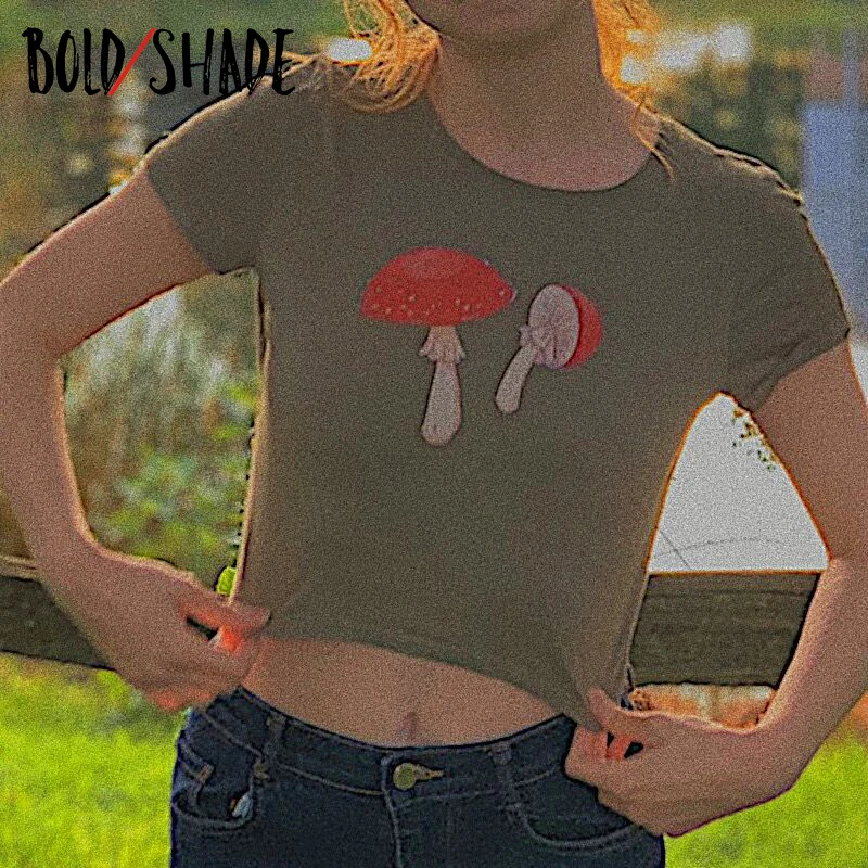 

Bold Shade Indie Aesthetic Women Tee Shirt Short Sleeve Mushroom Print O-neck Navel Crop Top Slim Y2K Grunge 90s T-shirts New