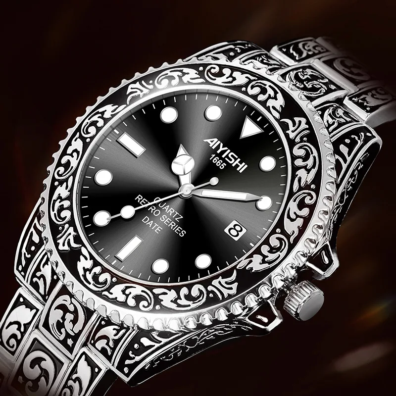 

AIYISHI Men Carved Antique Vintage Luminous Rose Gold Yellow Gold Silver 2 Tones Fashion Blue Classic Quartz luxury watch