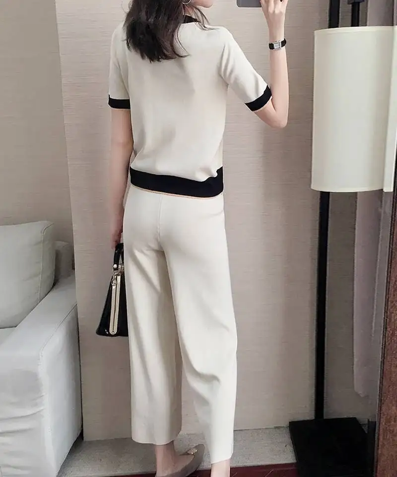 

2020 Summer Knitted O neck Short Sleeve Single-breasted Cardigan Tops + Wide Leg Pants 2 Pieces Sets