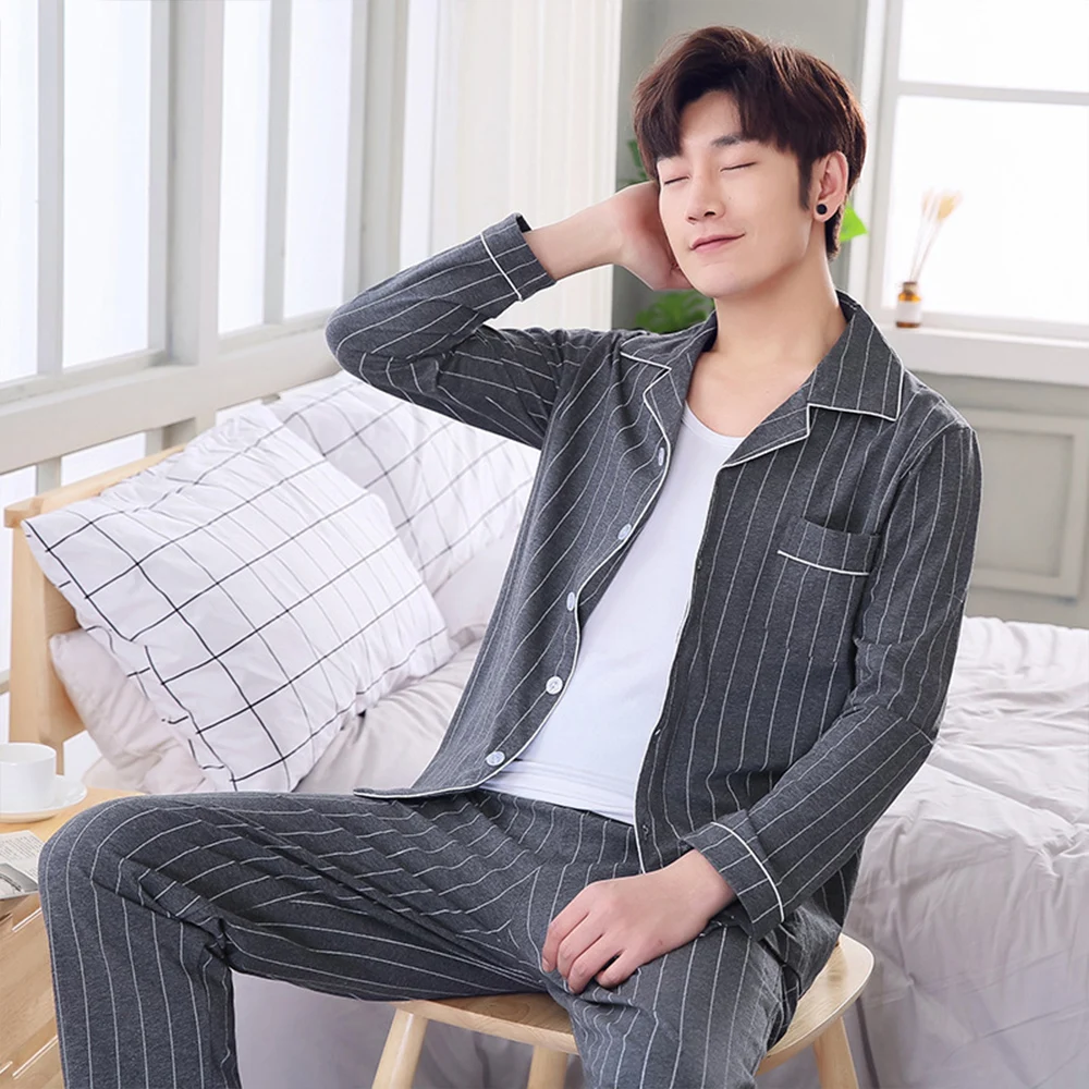Spring Autumn Pajama Sets Suit Knitted Cotton Casual Long Sleeve Sleepwear Plaid Home Wear Plus Size Comfortable Pajamas For Men