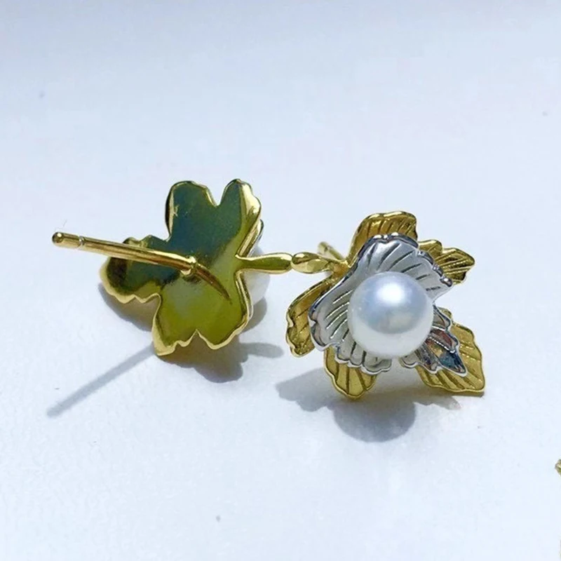 

YIKALAISI 925 Sterling Silver Earrings Jewelry For Women 5-6mm Round Natural Freshwater Pearl Earrings Leaf Style Wholesales
