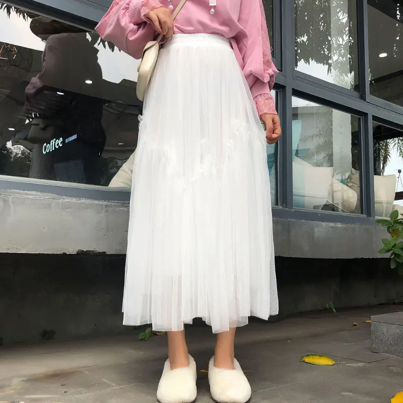 Женская длинная юбка феи белая тонкая сетчатая Осень-зима 2019 | одежда