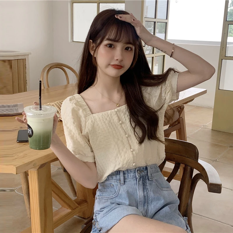 

Рубашка женская универсальная в винтажном стиле, с квадратным вырезом и коротким рукавом