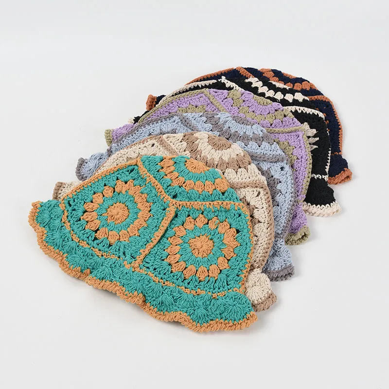 

Панама женская в стиле ретро, хлопковая вязаная шапка с широкими полями, с цветами, теплая Кепка Для Взрослых, Осень-зима