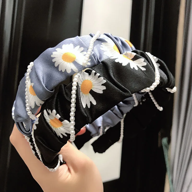 

High Quality Daisy Floral Pearl Hairbands For Women Girls Cross Twisted Hair Bands Lady Hair Hoop Hair Accessaries Headwear
