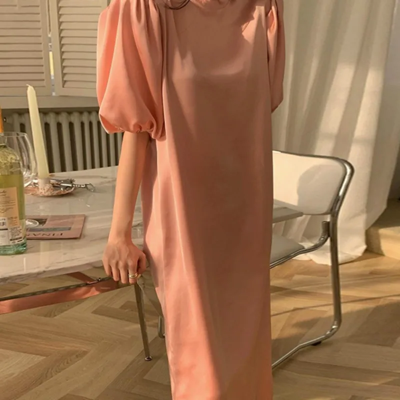 

O Neck Pullover Short Sleeve Solid Dress Women High Waist Hip A Line Vestidos Summer 2021 New Pink Simple Ol Work Robe