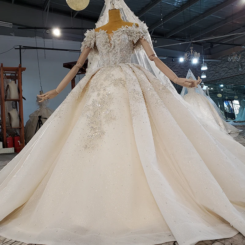 HTL2175 Champagne Bridal Wedding Dress Flower Diamond Lace Bead Shiny V-neck Backless Luxury Wedding Dress Robe De Mariée 2021
