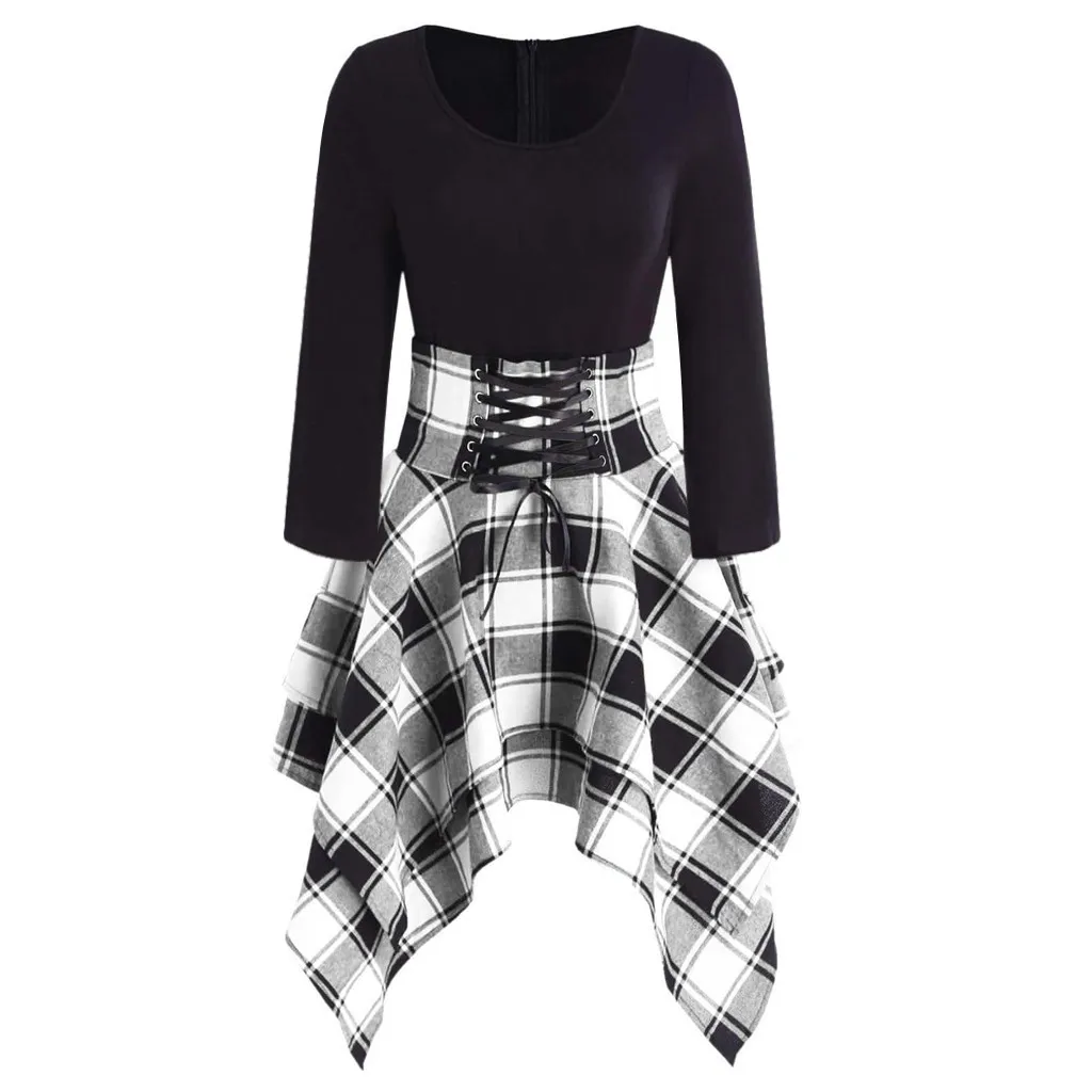 Фото FREE OSTRICH Dress Women Strap Long Sleeve O-Neck Irregular Plaid Print Sashes Expensive Autumn Noble Popular Short Winter Женская FREE OSTRICH Dress Women Strap Long Sleeve O-Neck Irregular Plaid Print Sashes Expensive Autumn Noble Popular Short Winter Женская