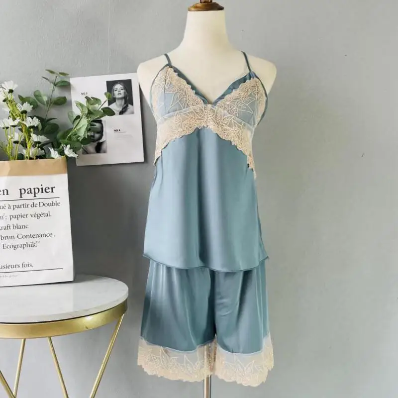 

Sexy Pajamas Set Patchwork Lace Cami Shorts Two-piece Suit Female Summer Spaghetti Strap Pijamas Loose Casual Rayon Home Clothes