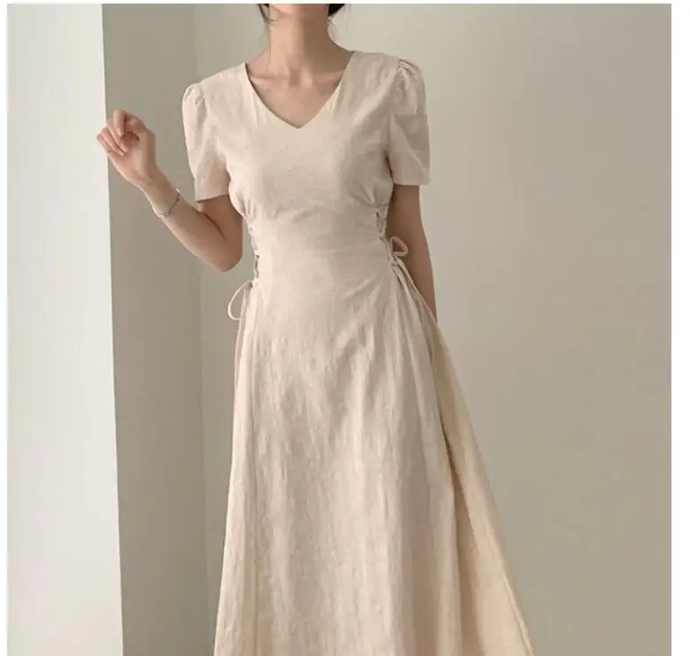 

Женское длинное платье Wenwen, однотонное ТРАПЕЦИЕВИДНОЕ ПЛАТЬЕ С V-образным вырезом, рукавом винтажный буф и боковым узлом, с высокой талией